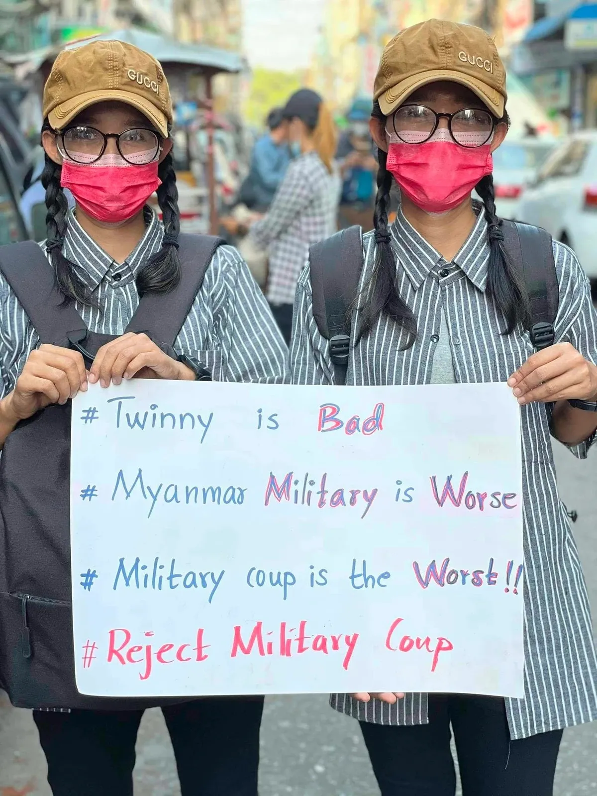  Waso and Pyartho at a demo in Yangon after the coup in February 2021. (Photo provided by interviewees.)